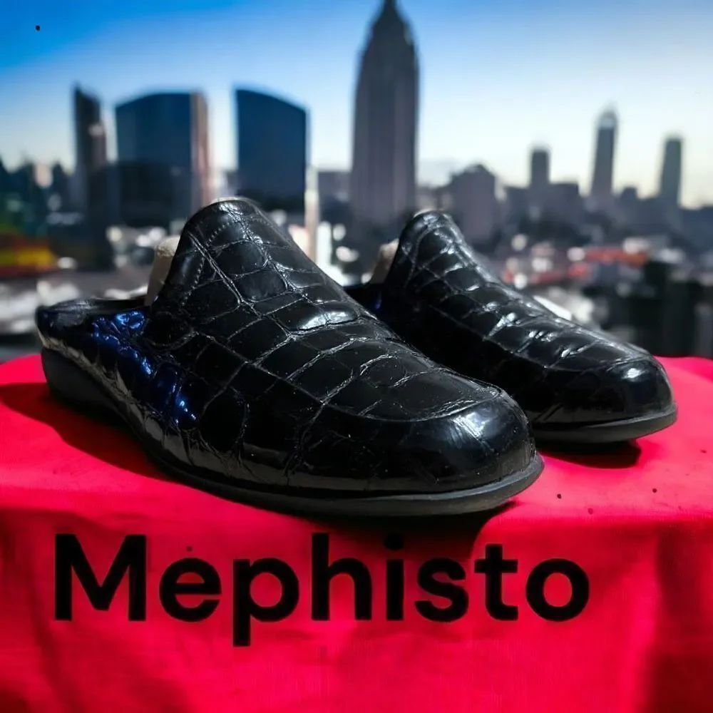 Mephisto Women's Cool-Air Croc Embossed Leather Slip-On Mule Shoes Black Size 5